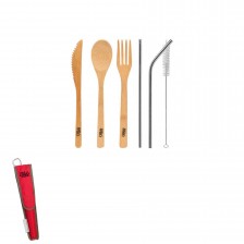 Reusable Bamboo Spoon Fork Knife Utensils Set with Carrying Bag